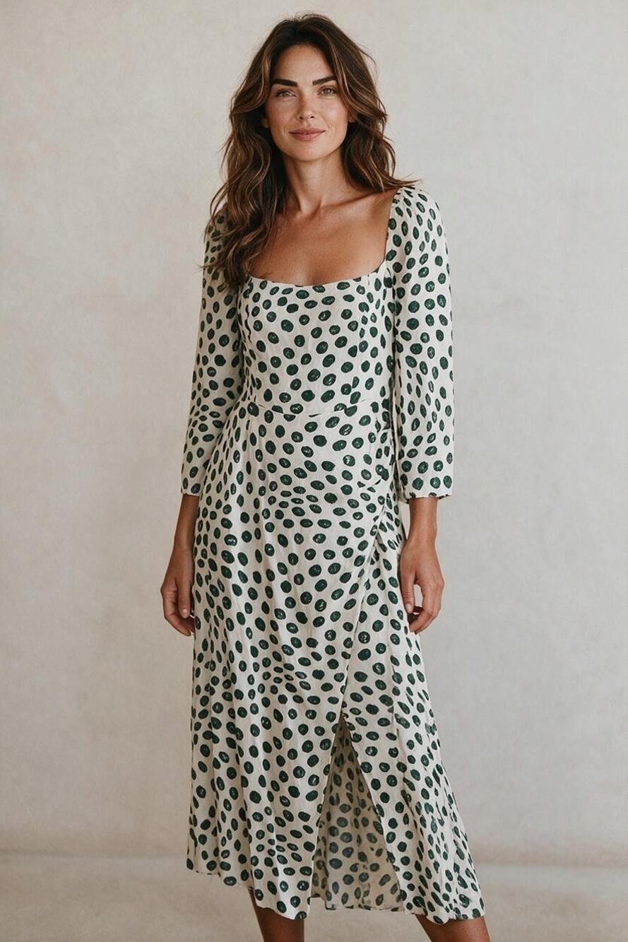 A6 NWoT REFORMATION Green Spot Print Square Neckline Hilda Midi Dress Size 6